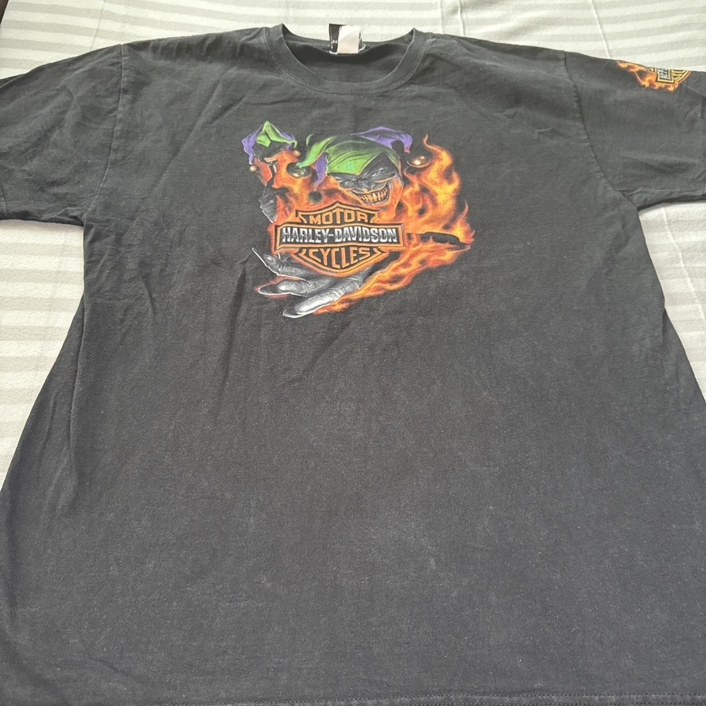 Harley Davidson Shirt Mens Large Black Jester Joker Flames Fire Graphic 2008 Y2K